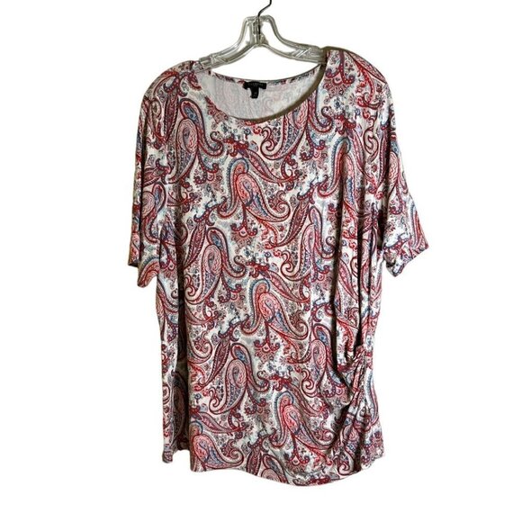 TALBOTS Women's Classic Short Sleeve Crewneck Red Paisley Tee Size 2X - Picture 1 of 8